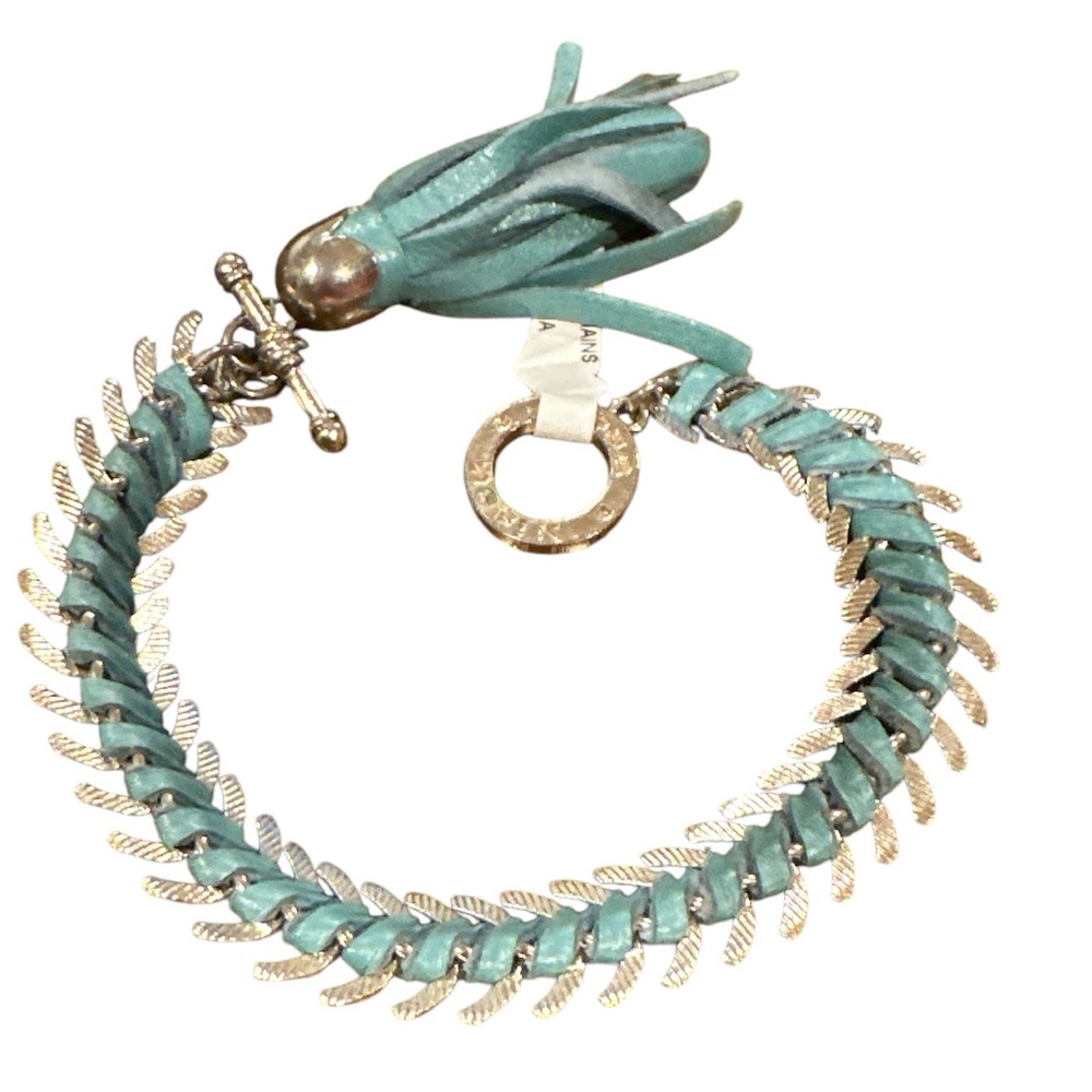 NISSA BLUE LEATHER WOVEN SILVERTONE WRAP CHAIN BRACELET TOGGLE CLOSURE